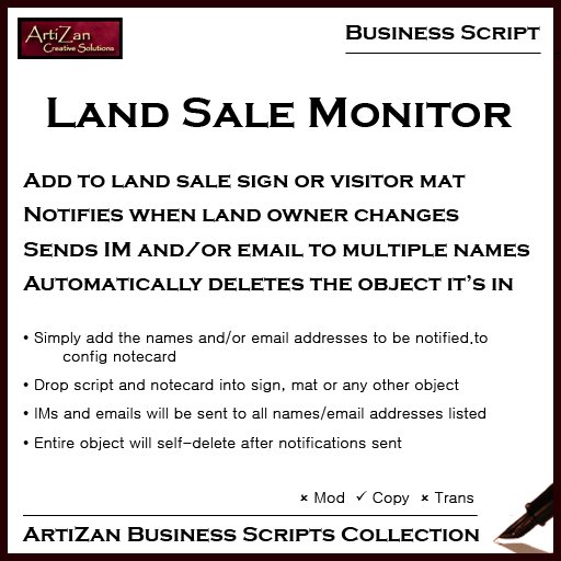 Second Life Marketplace ArtiZan Business Script Land Sale Monitor